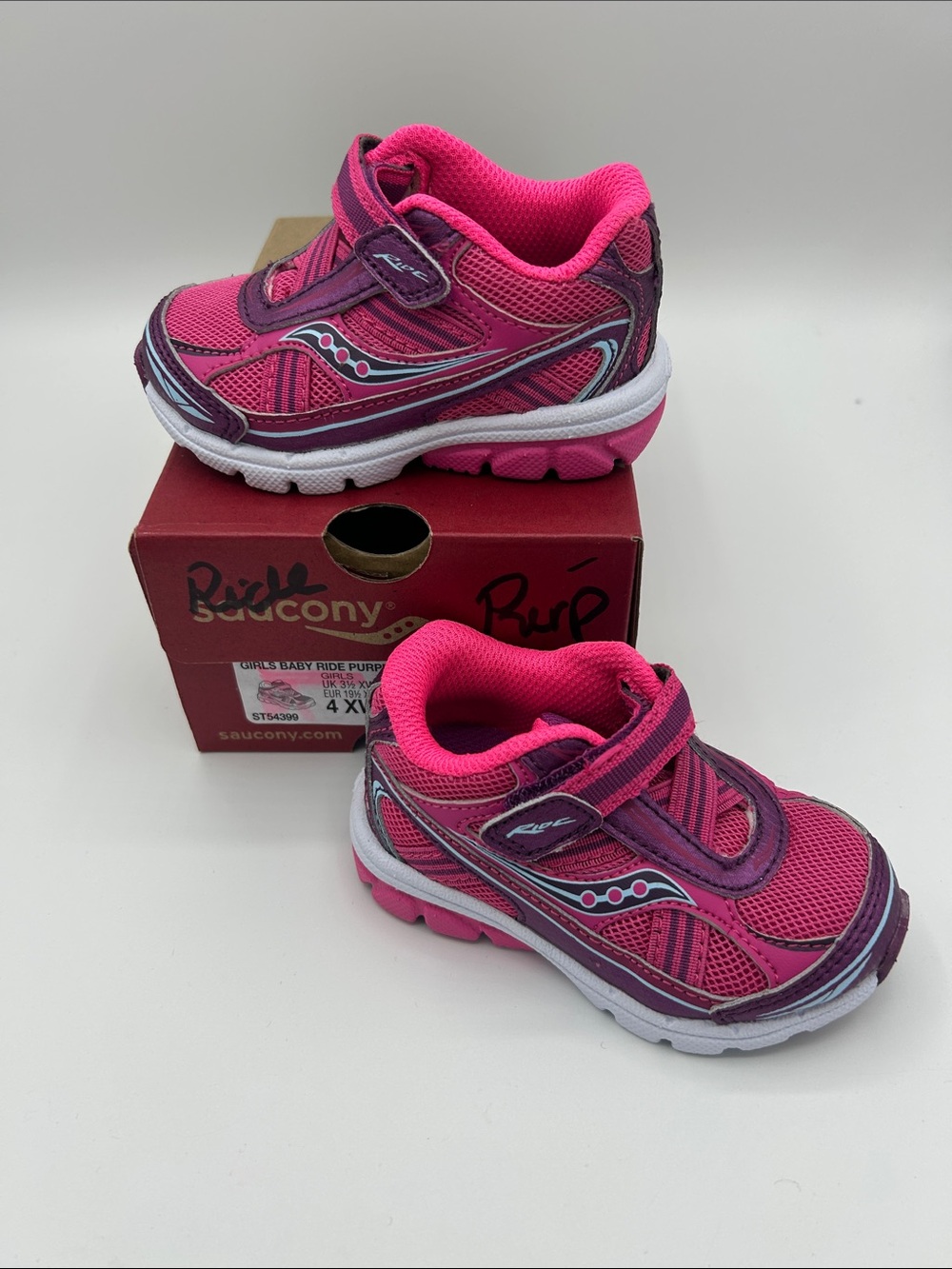 Saucony Kids Pink and Purple Ride 4 X- wide width Sneakers